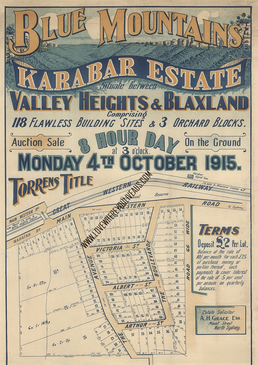 Vintage Real Estate Poster Karabar Estate Blaxland Valley Heights NSW 1915
