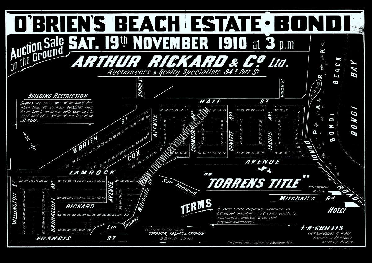 Vintage Real Estate Poster O'Briens Beach Estate Bondi NSW