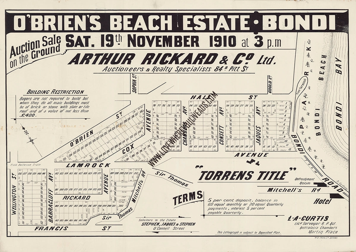 Vintage Real Estate Poster O'Briens Beach Estate Bondi NSW