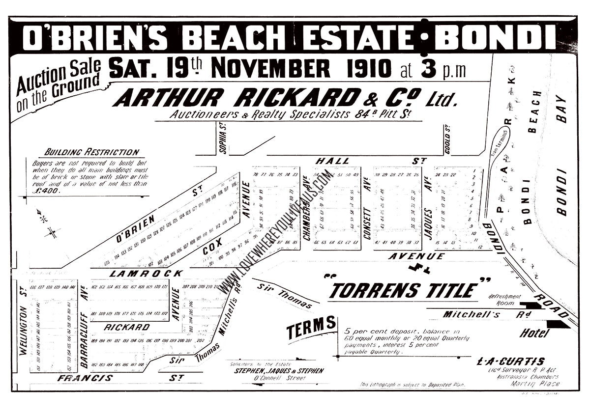 Vintage Real Estate Poster O'Briens Beach Estate Bondi NSW