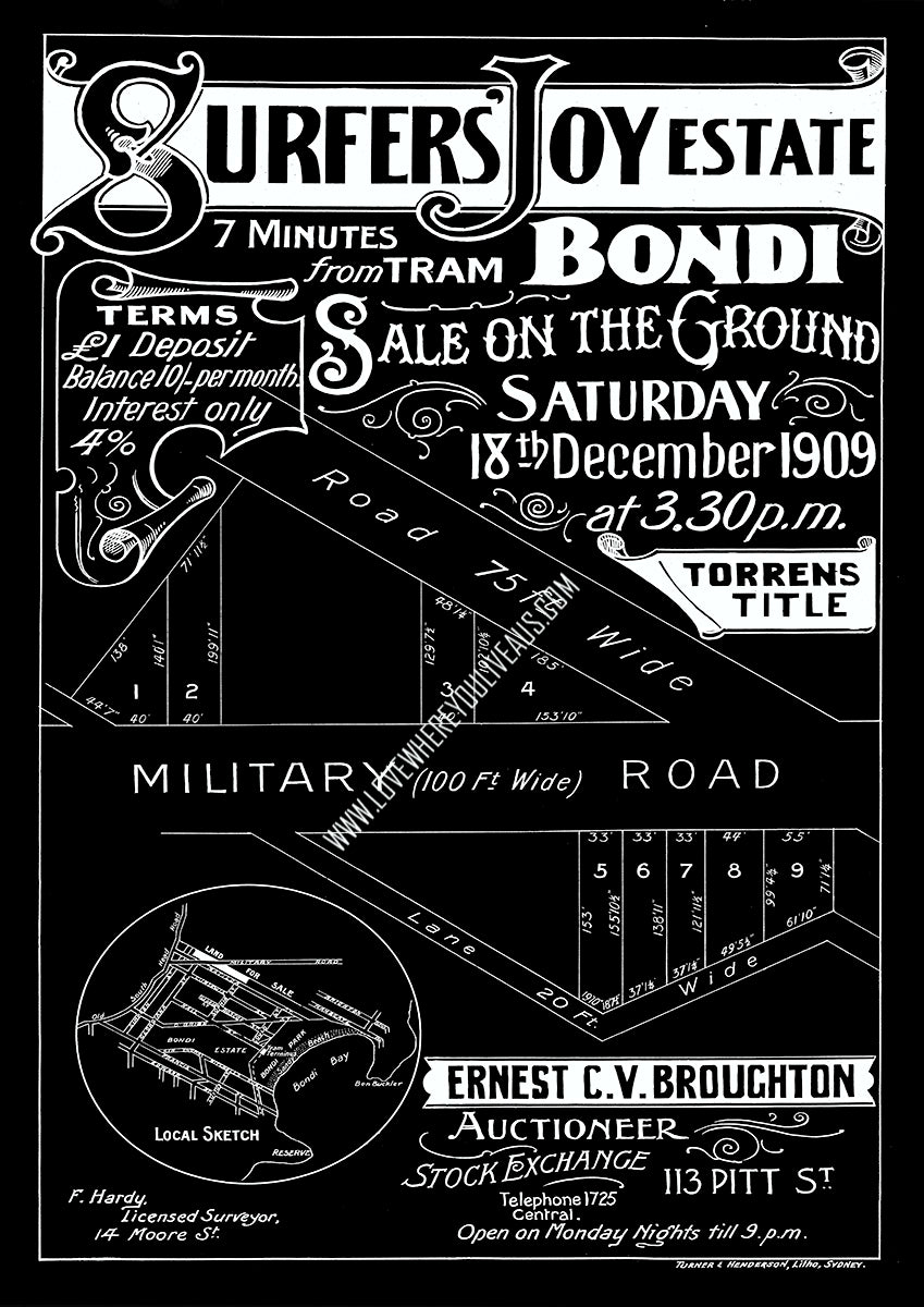 Vintage Real Estate Poster Surfers Joy Estate Bondi NSW