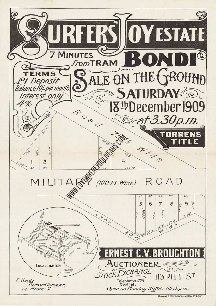 Vintage Real Estate Poster Surfers Joy Estate Bondi NSW