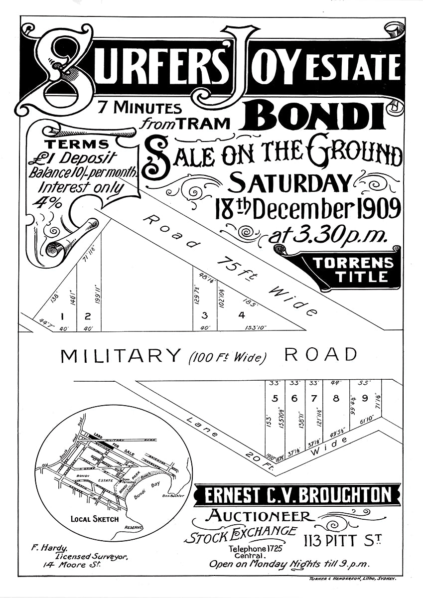 Vintage Real Estate Poster Surfers Joy Estate Bondi NSW