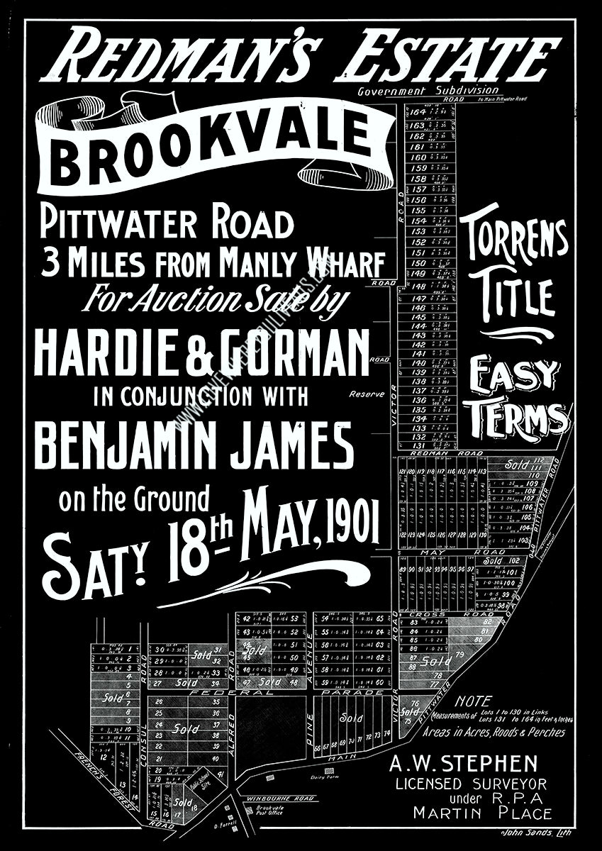 Vintage Real Estate Poster Redman's Estate Government Subdivision, Brookvale NSW