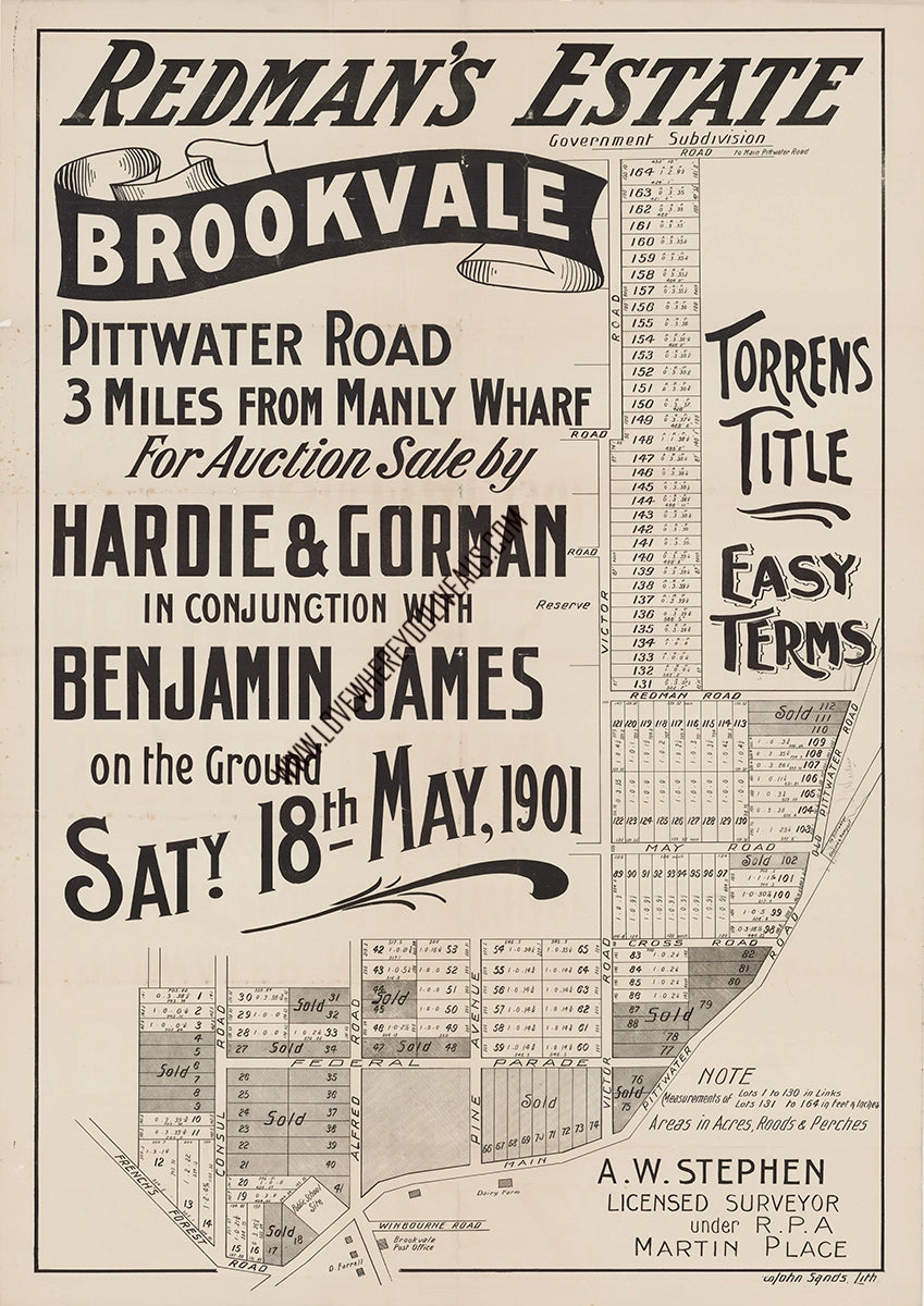 Vintage Real Estate Poster Redman's Estate Government Subdivision, Brookvale NSW