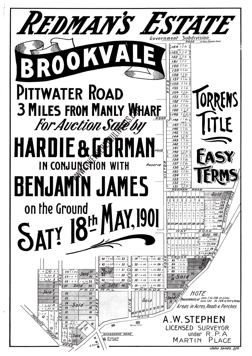 Vintage Real Estate Poster Redman's Estate Government Subdivision, Brookvale NSW