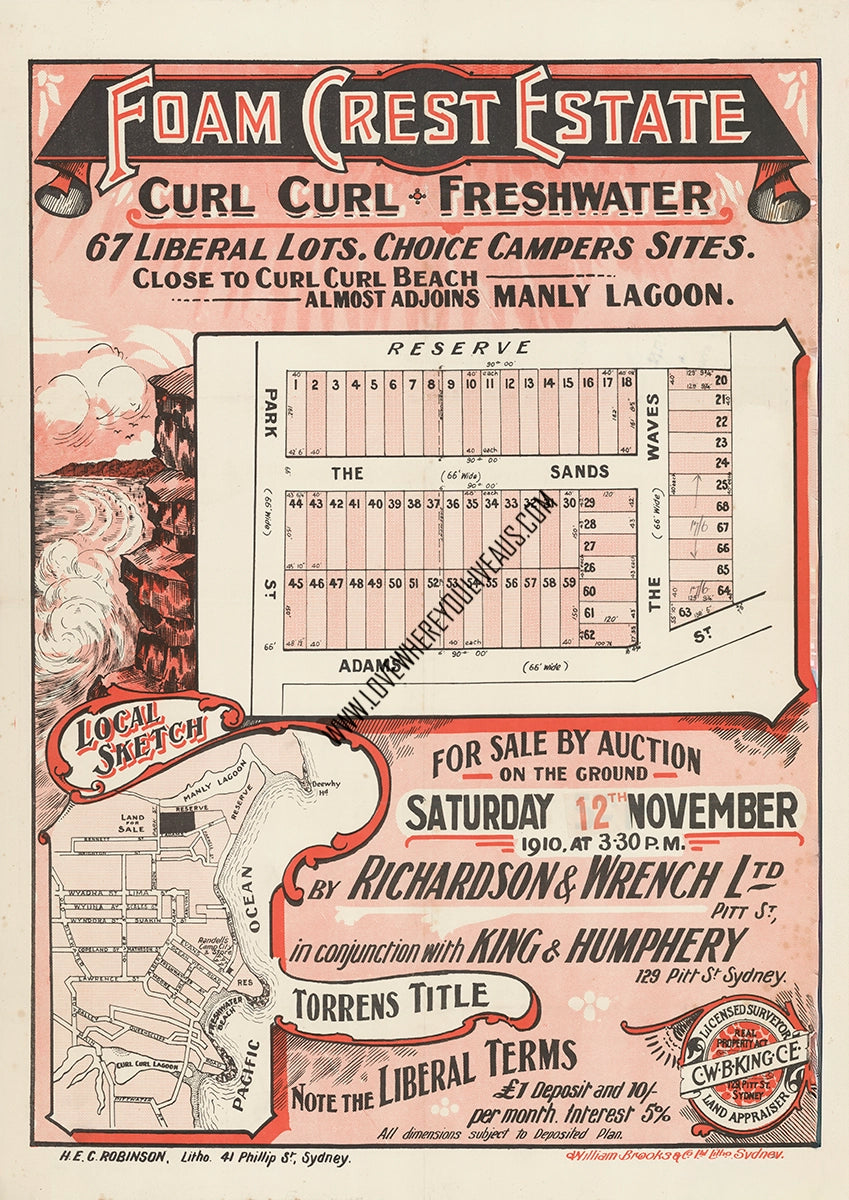 Vintage Real Estate Poster "Foam Crest Estate" Brookvale Curl Curl