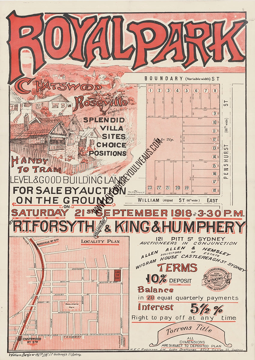 Vintage Real Estate Poster Royal Park Chatswood NSW