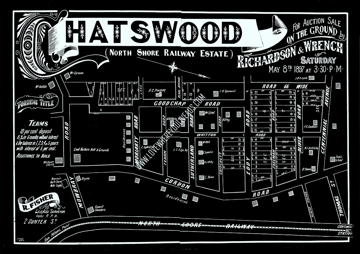 Vintage Real Estate Poster North Shore Railway Estate Chatswood NSW