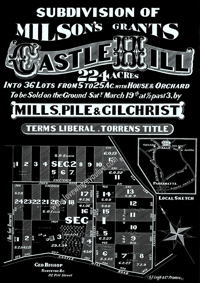 Vintage Real Estate Poster Milson's Grants Castle Hill 224 Acres NSW