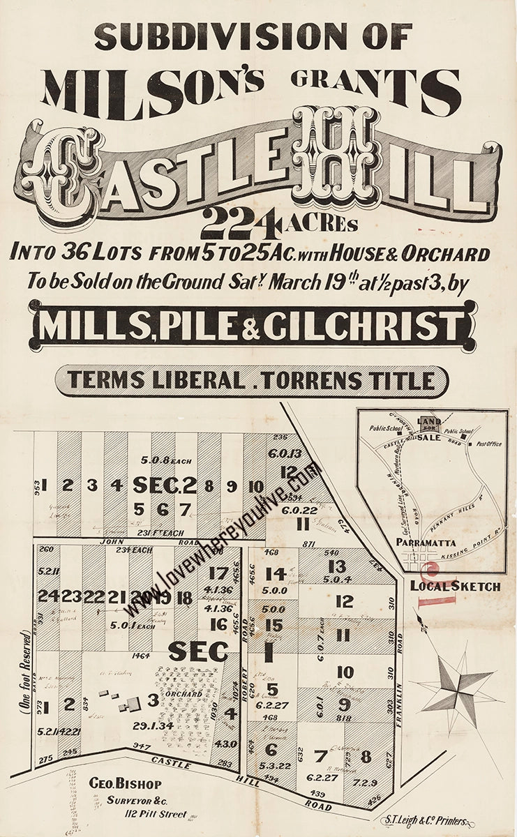 Vintage Real Estate Poster Milson's Grants Castle Hill 224 Acres NSW
