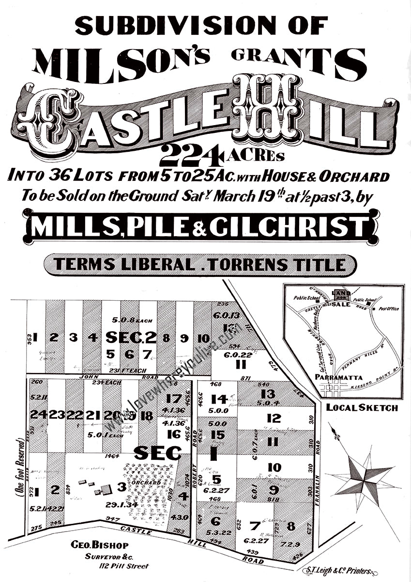 Vintage Real Estate Poster Milson's Grants Castle Hill 224 Acres NSW