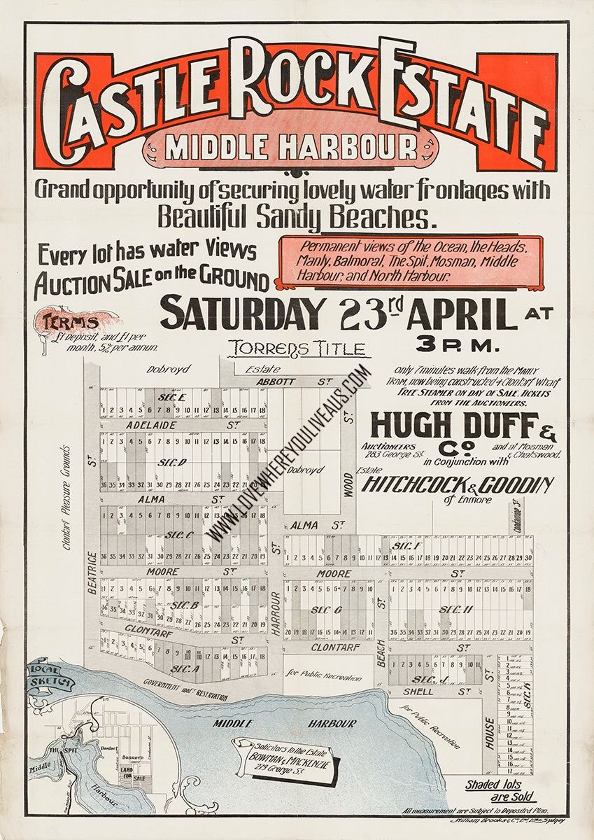 Vintage Real Estate Poster Castle Rock Estate Clontarf NSW