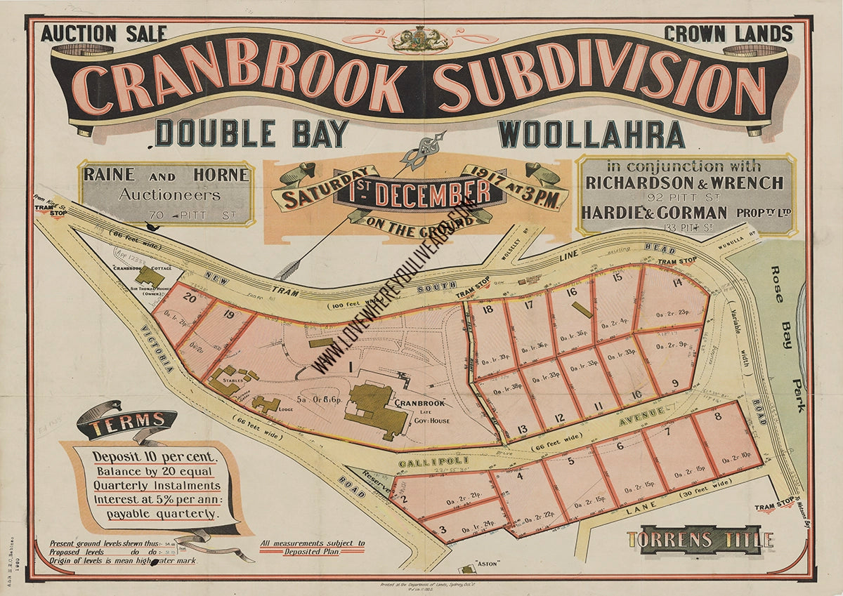 Vintage Real Estate Poster Cranbrook Sub Division Double Bay NSW