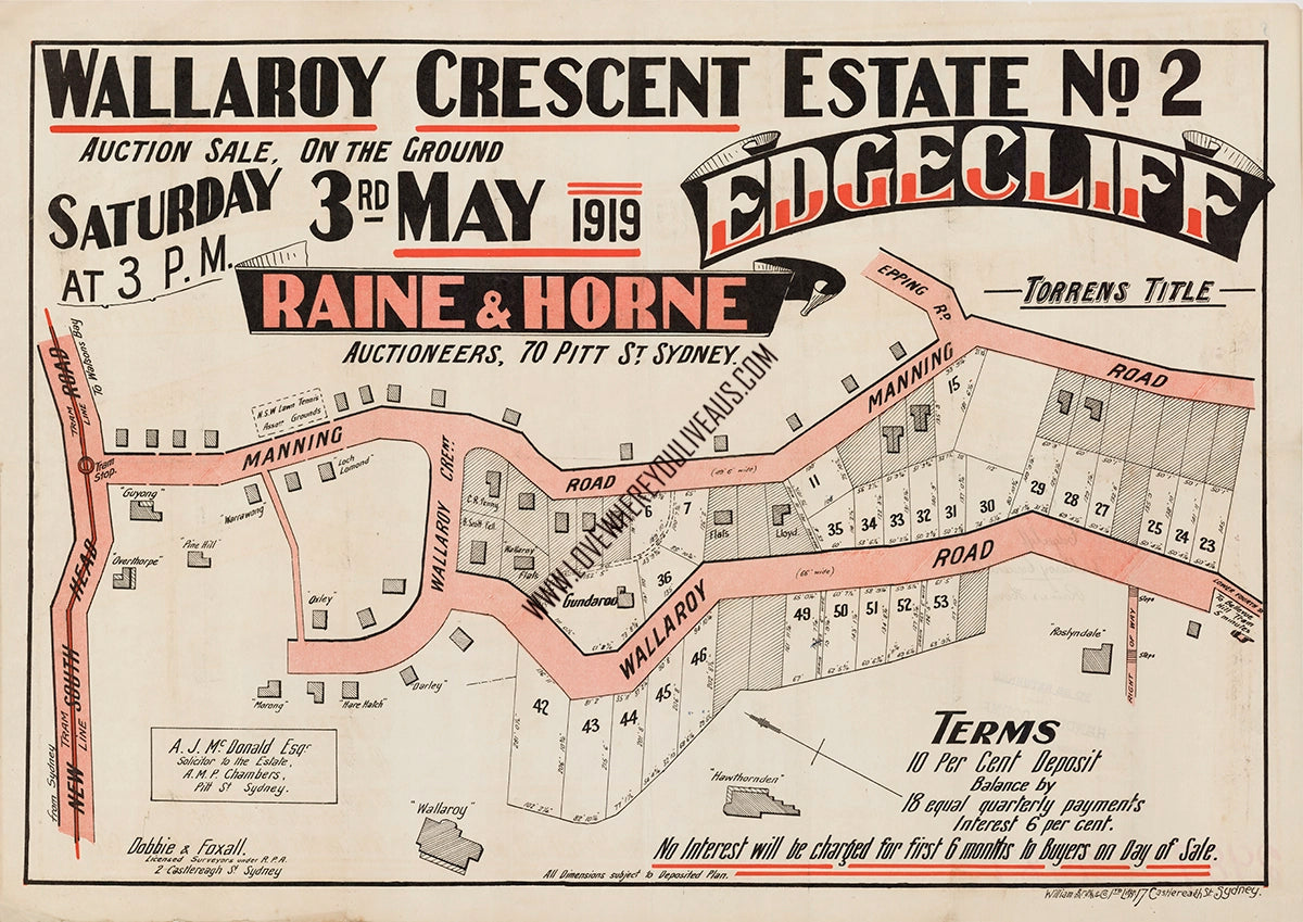 Vintage Real Estate Poster Wallaroy Crescent Estate No 2 Edgecliff NSW