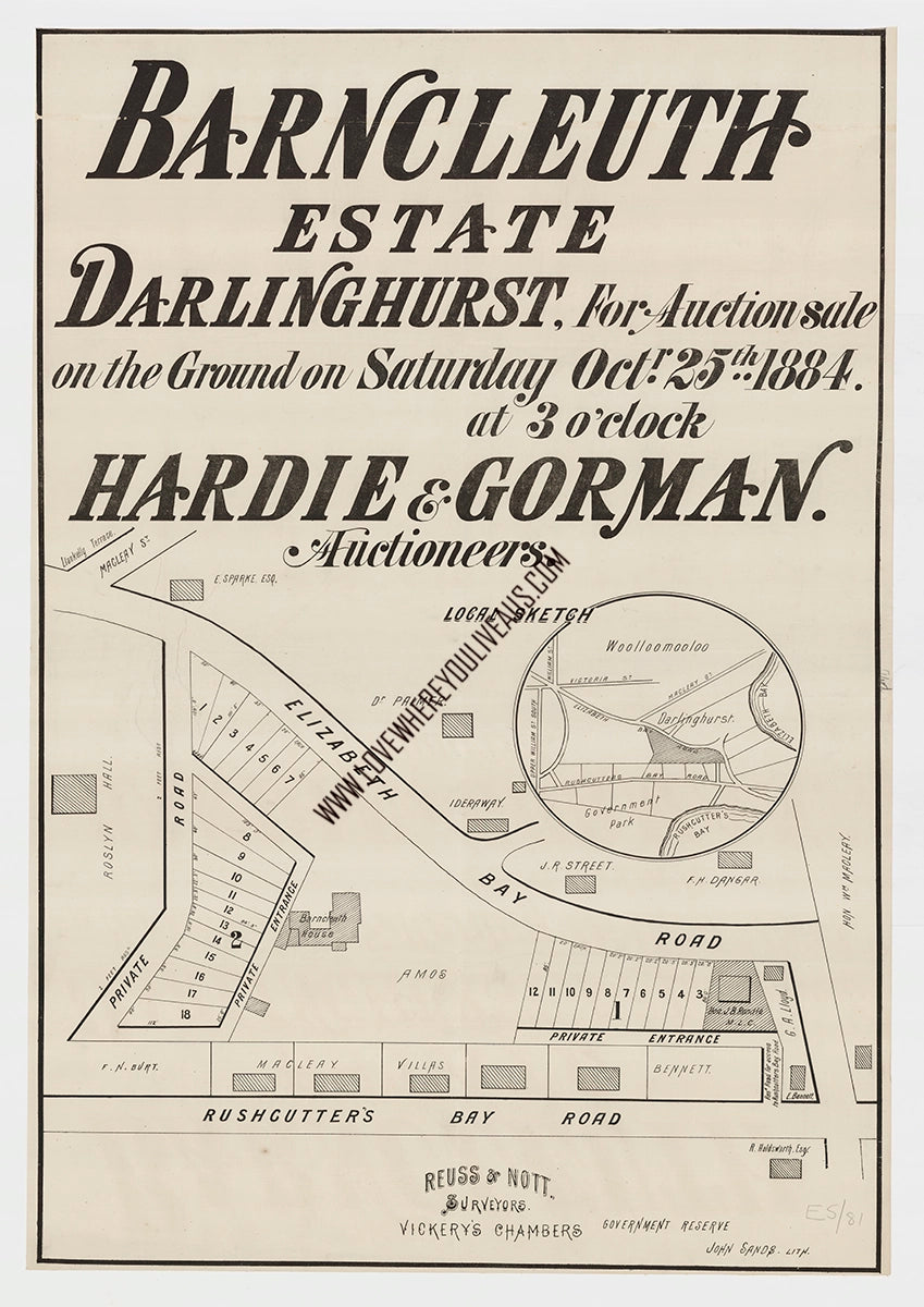 Vintage Real Estate Poster Barncleuth Estate Elizabeth Bay Darlinghurst NSW