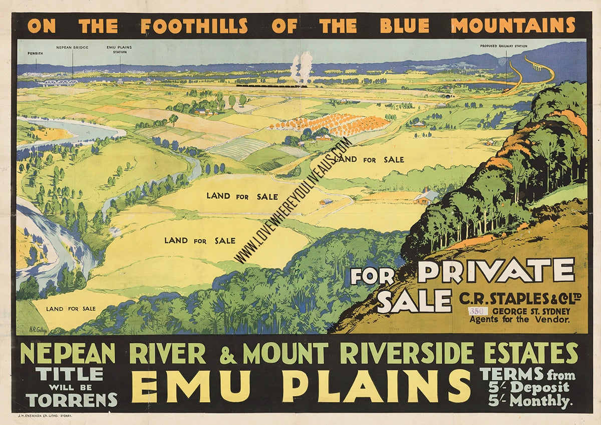 Vintage Real Estate Poster Nepean River and Mount Riverside Estates Emu Plains NSW