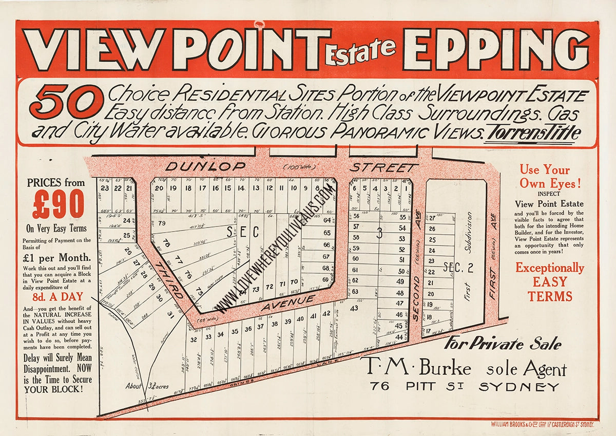 Vintage Real Estate Poster View Point Estate Epping NSW