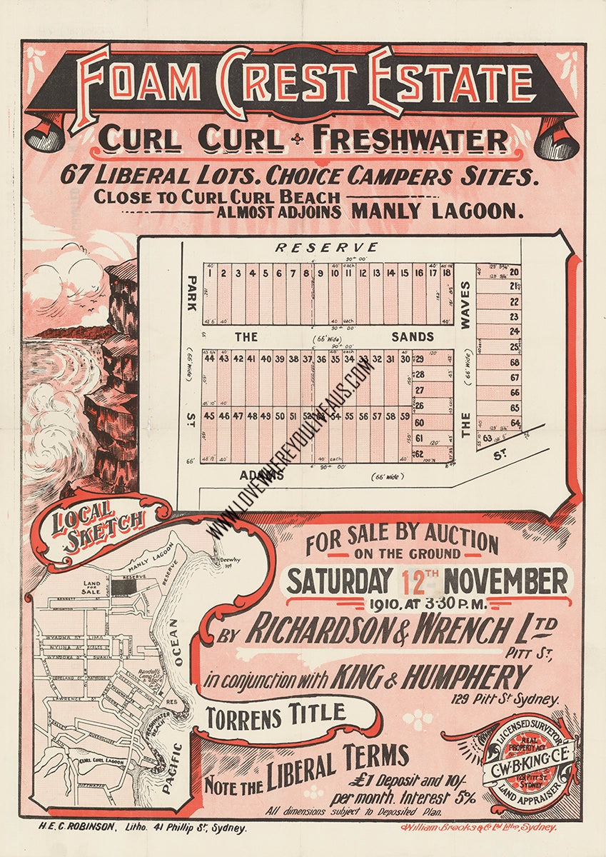 Vintage Real Estate Poster Foam Crest Estate Freshwater Curl Curl NSW