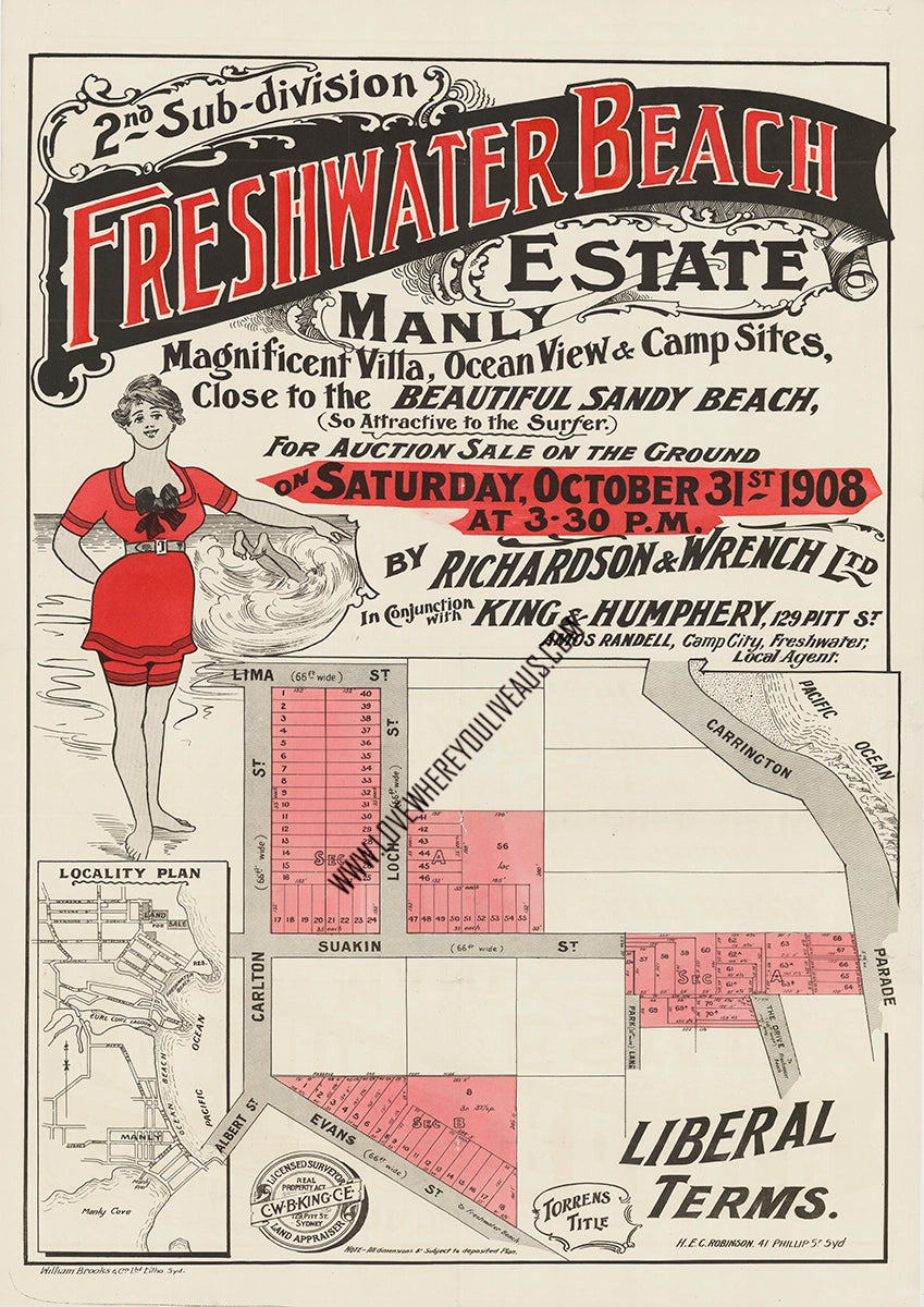 Vintage Real Estate Poster Freshwater Beach Estate Manly NSW