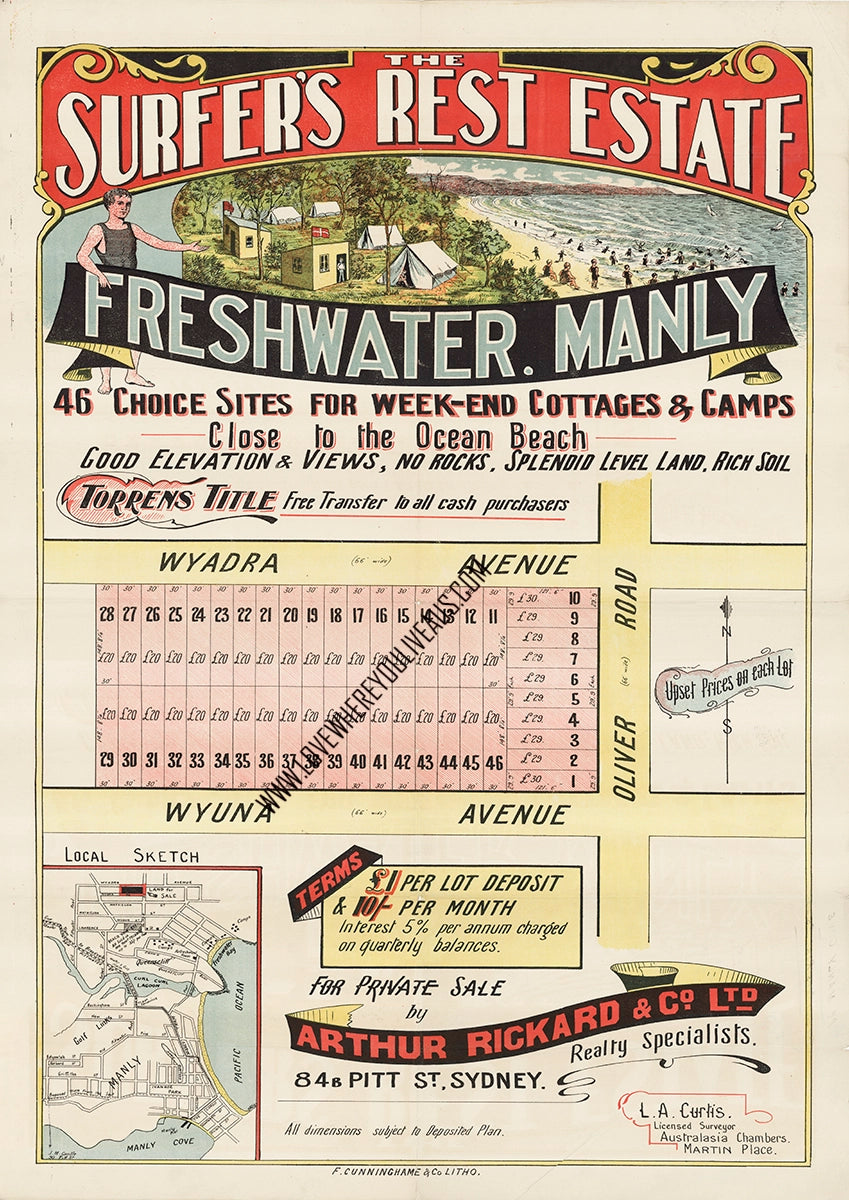 Vintage Real Estate Poster The Surfers Rest Estate Freshwater Manly NSW