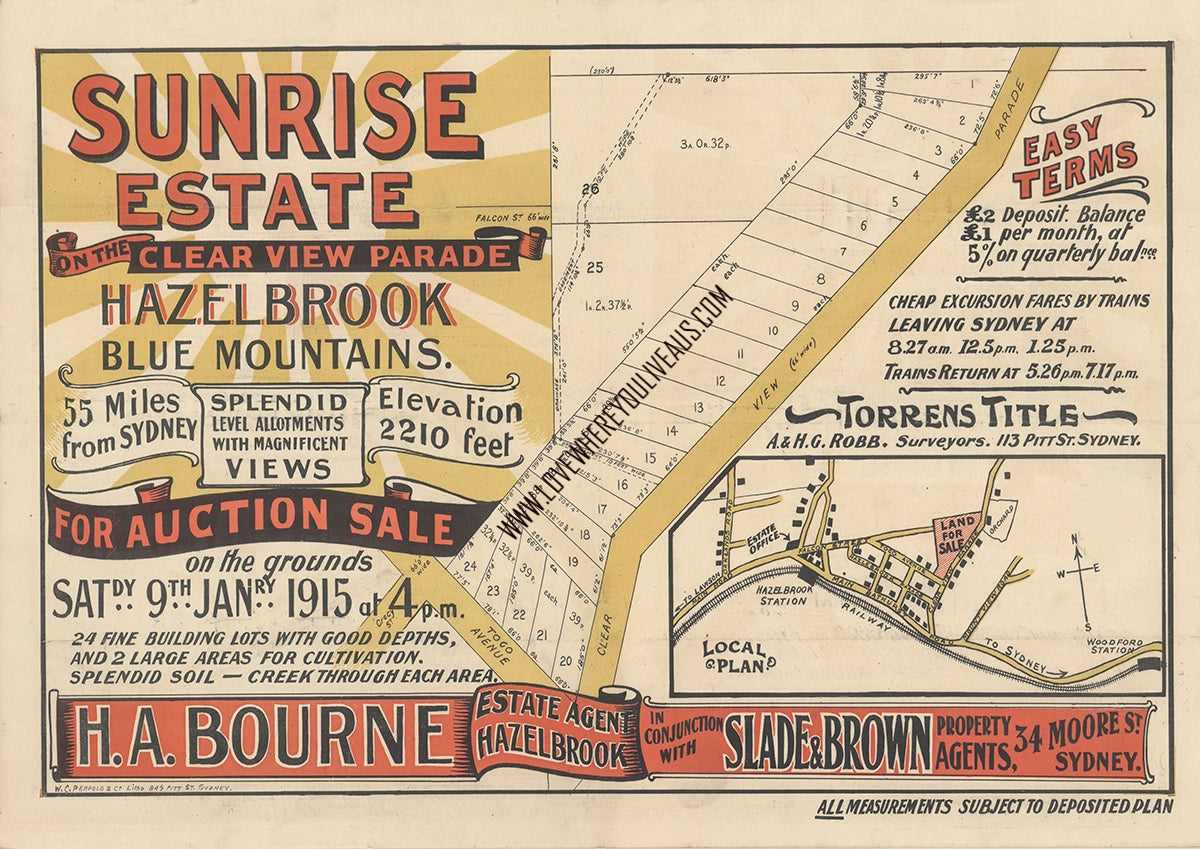 Vintage Real Estate Poster Sunrise Estate Hazelbrook Blue Mountains NSW
