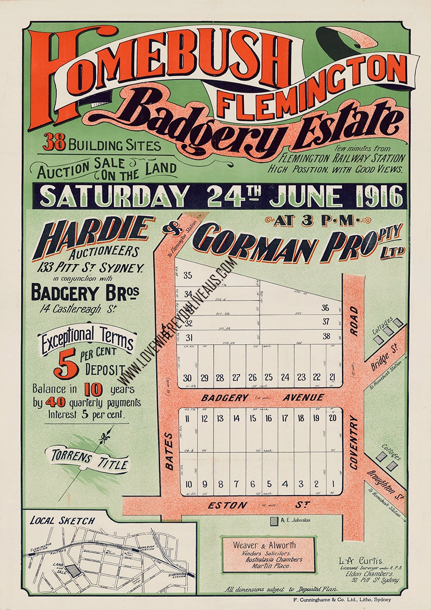 Vintage Real Estate Poster Badgery Estate Homebush NSW