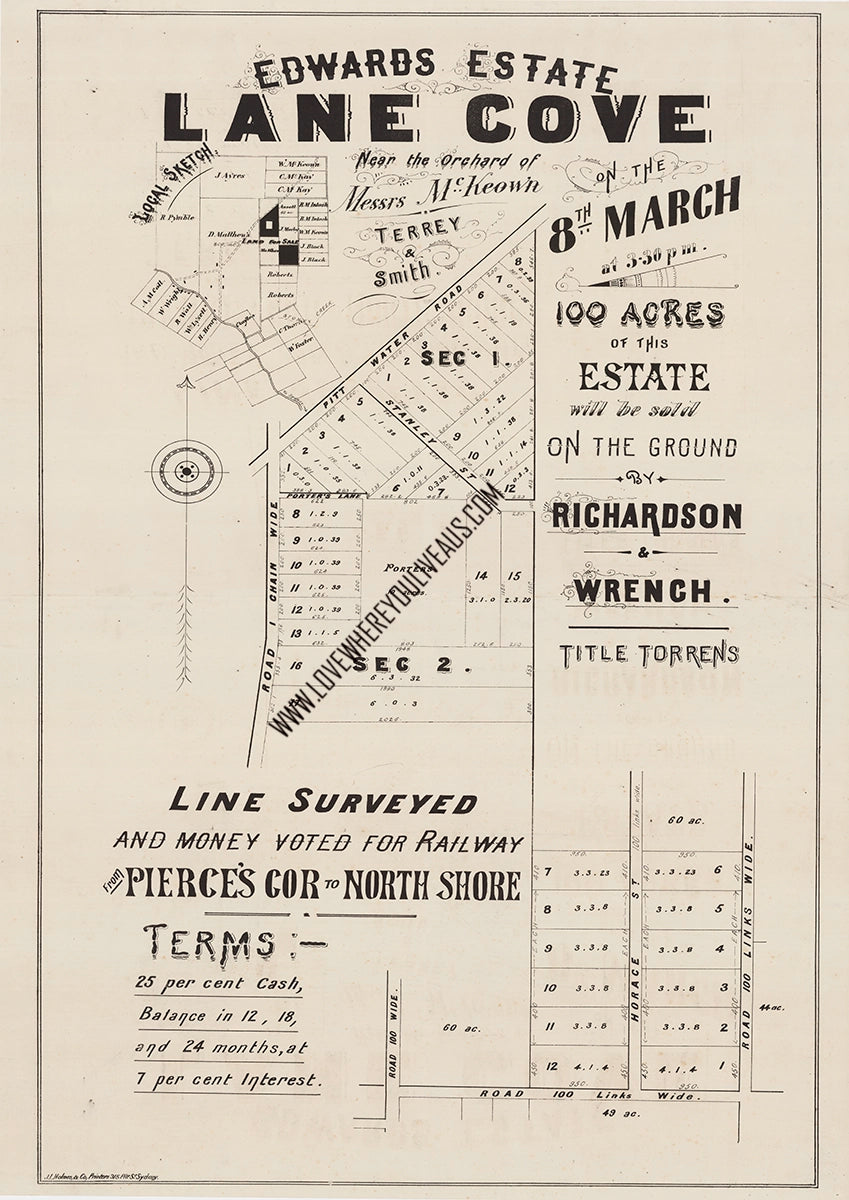 Vintage Real Estate Poster 100 Acres of Edwards Estate Lane Cove NSW