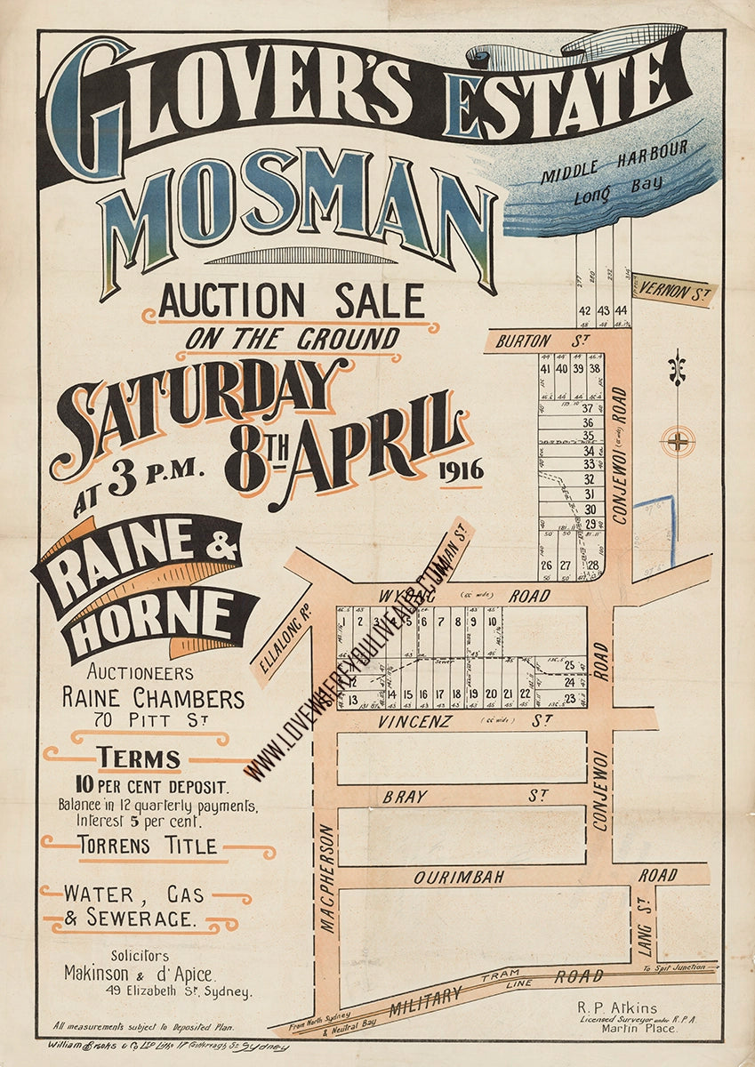 Vintage Real Estate Poster Glovers Estate Mosman NSW