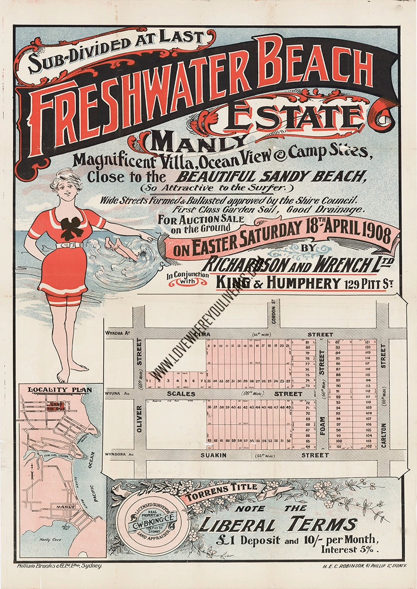 Vintage Real Estate Poster Freshwater Beach Estate Manly NSW