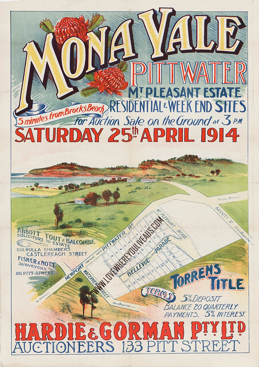 Vintage Real Estate Poster Mt Pleasant Estate Mona Vale Pitt Water NSW