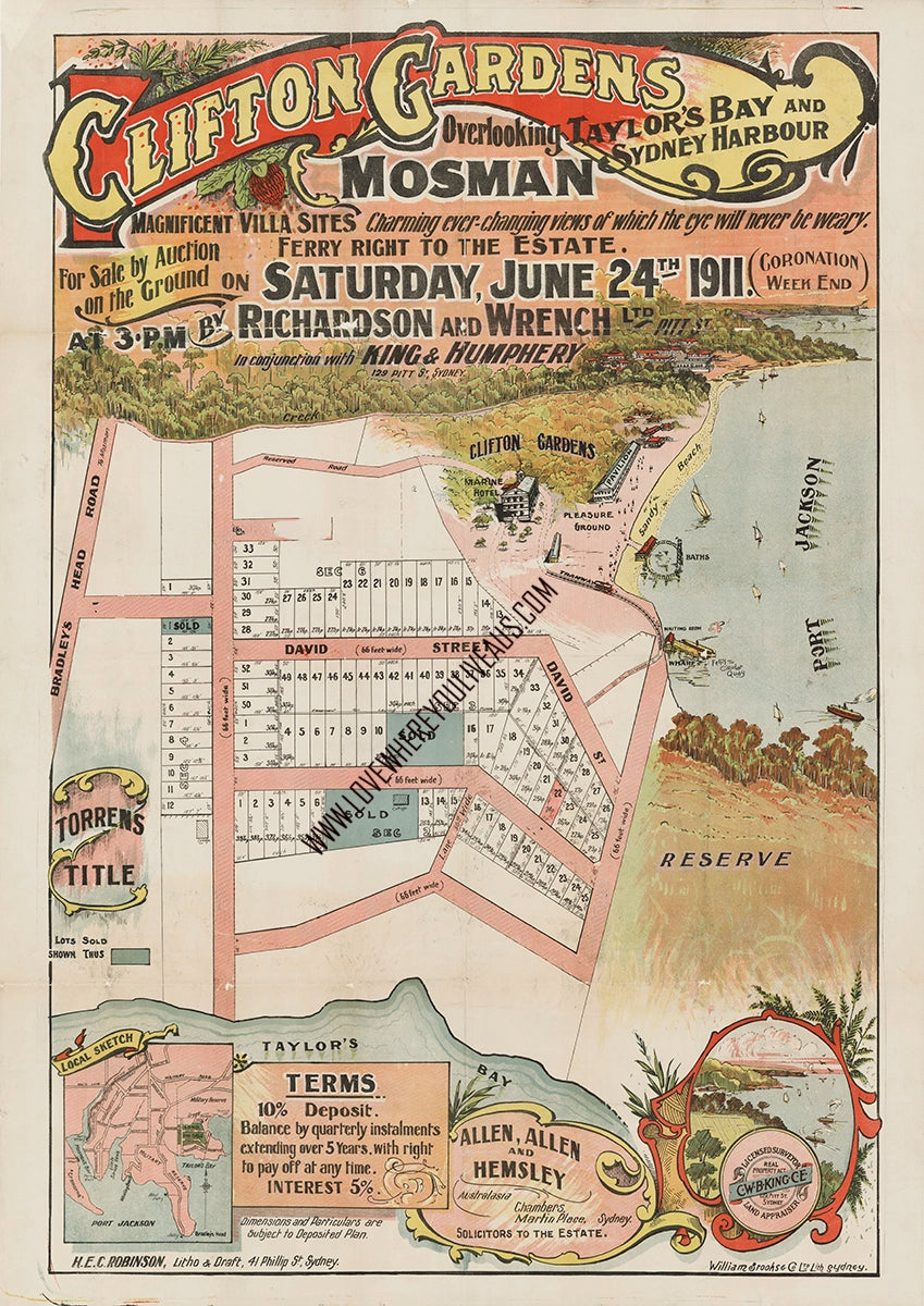 Vintage Real Estate Poster Clifton Gardens Mosman NSW