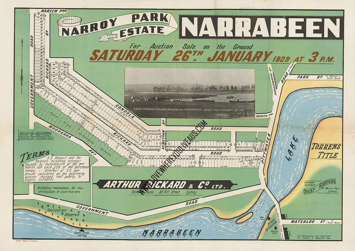 Vintage Real Estate Poster Narroy Park Estate Narrabeen NSW