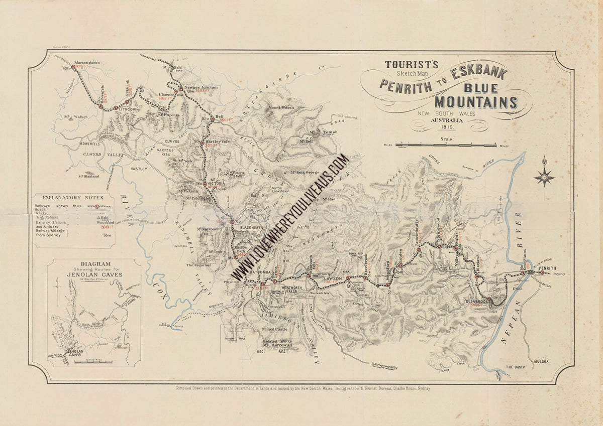 Vintage Real Estate Poster Tourist Sketch Map Penrith to the Blue Mountains NSW