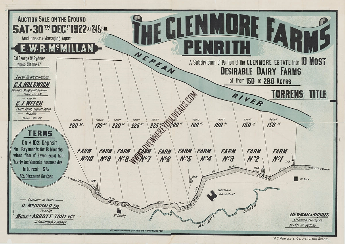 Vintage Real Estate Poster The Glenmore Farms Penrith NSW