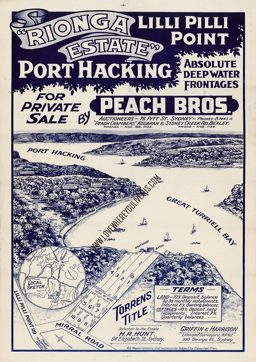 Vintage Real Estate Poster Rionga Estate Port Hacking NSW