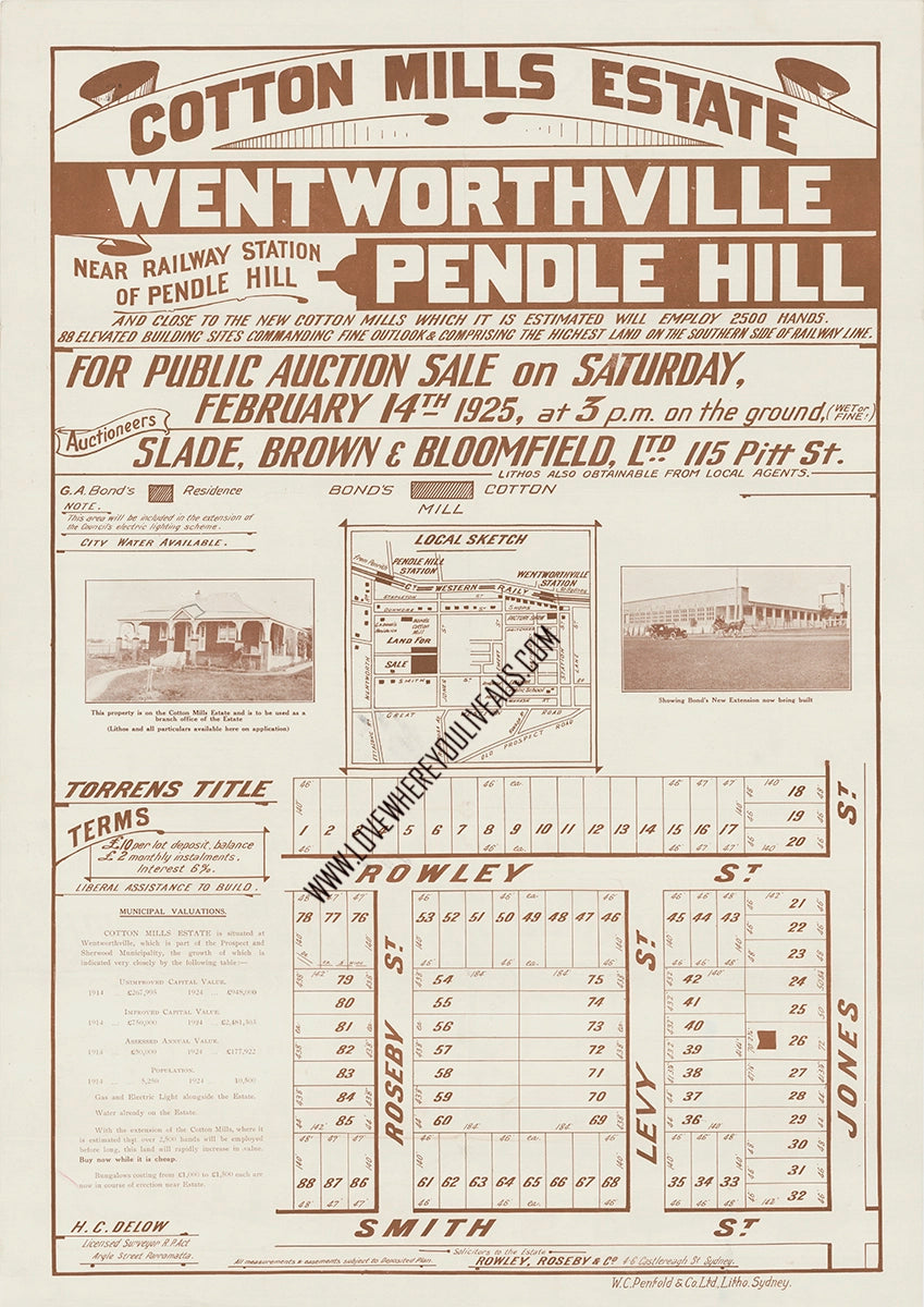 Vintage Real Estate Poster Cotton Mills Estate Pendle Hill Wentworthville NSW