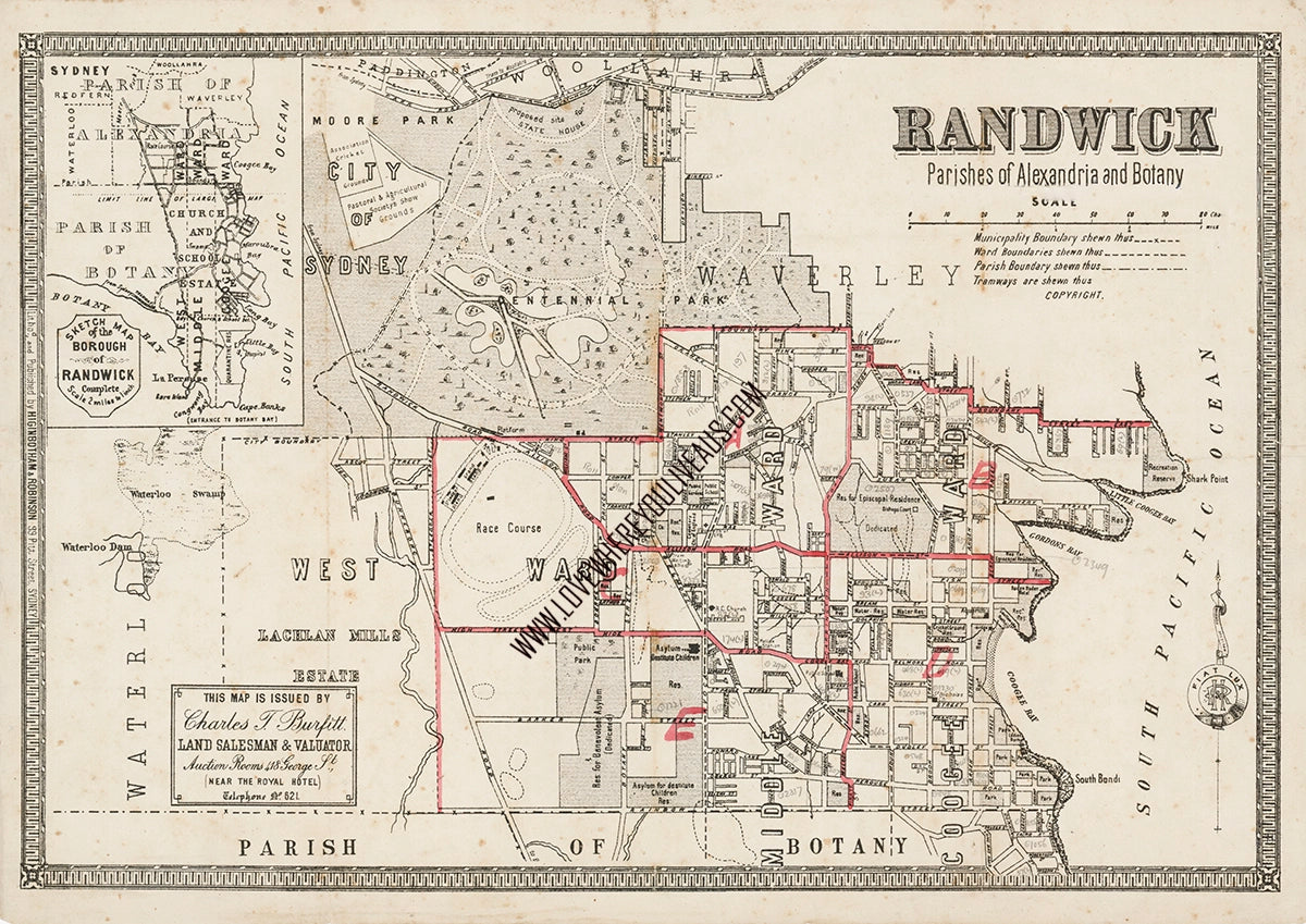 Vintage Real Estate Poster Randwick and Parishes of Alexandria and Botany NSW