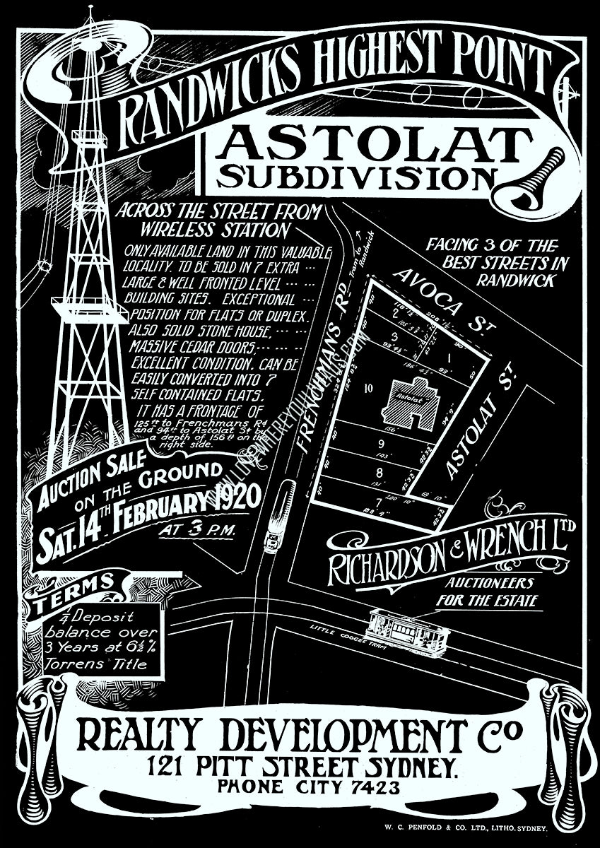 Vintage Real Estate Poster Astolat Subdivision Randwick NSW