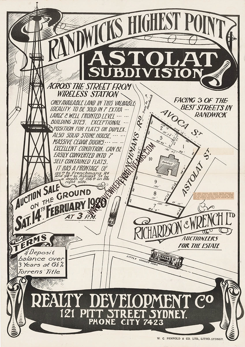 Vintage Real Estate Poster Astolat Subdivision Randwick NSW