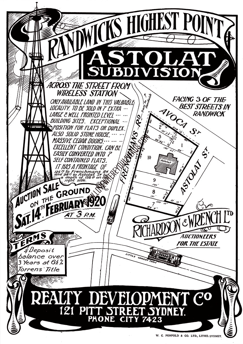 Vintage Real Estate Poster Astolat Subdivision Randwick NSW