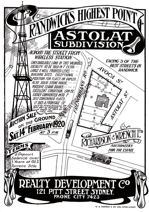 Vintage Real Estate Poster Astolat Subdivision Randwick NSW