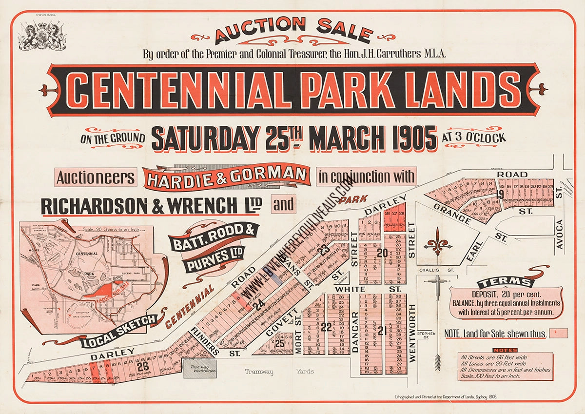 Vintage Real Estate Poster Centennial Park Lands Randwick NSW