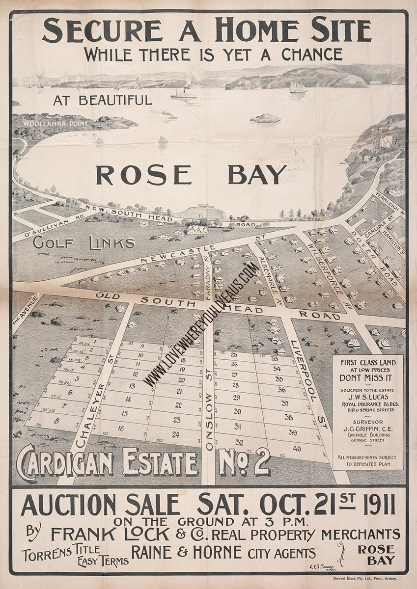 Vintage Real Estate Poster Cardigan Estate Rose Bay NSW