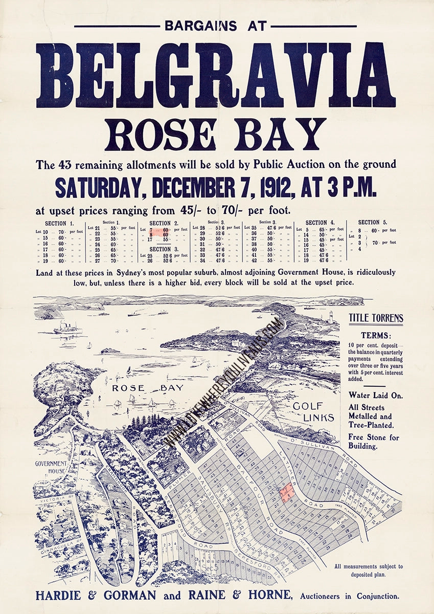 Vintage Real Estate Poster Belgravia Estate Rose Bay NSW