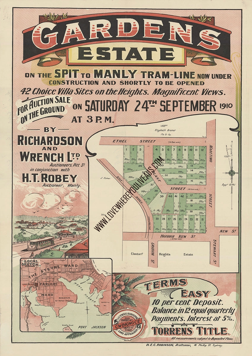 Vintage Real Estate Poster Gardens Estate on The Spit Seaforth Middle Harbour NSW