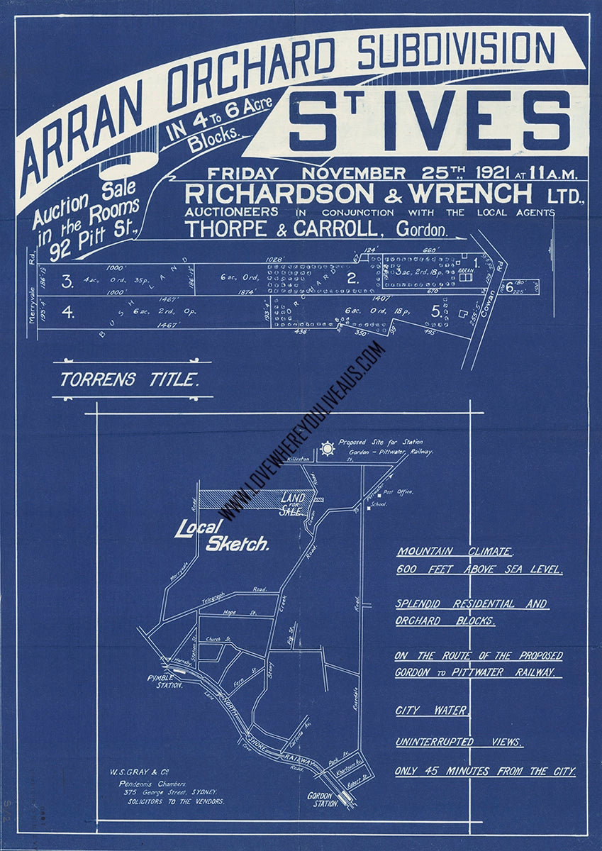 Vintage Real Estate Poster Arran Orchard Sub Division St Ives NSW