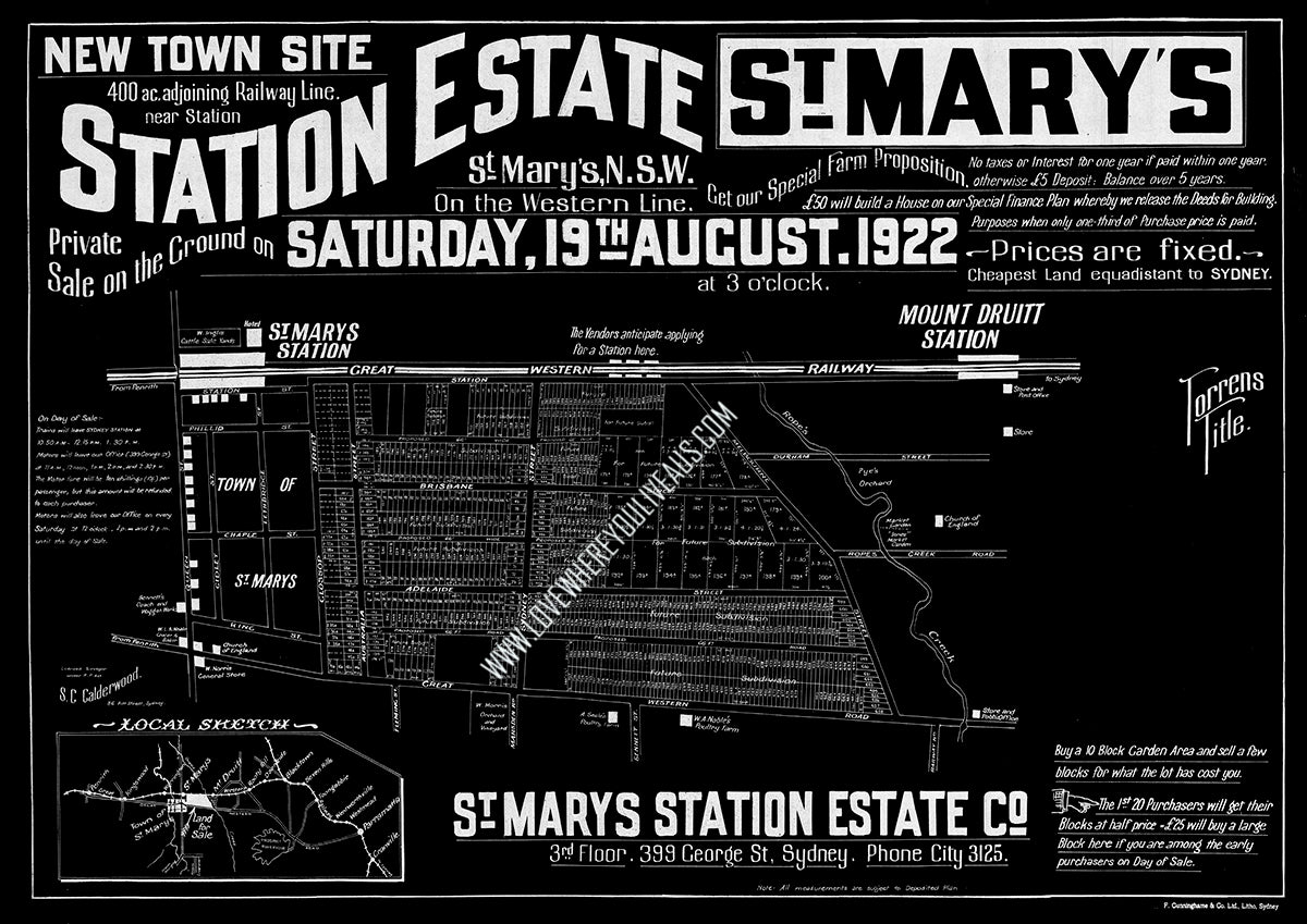 Vintage Real Estate Poster New Town Sites Station Estate St Marys NSW