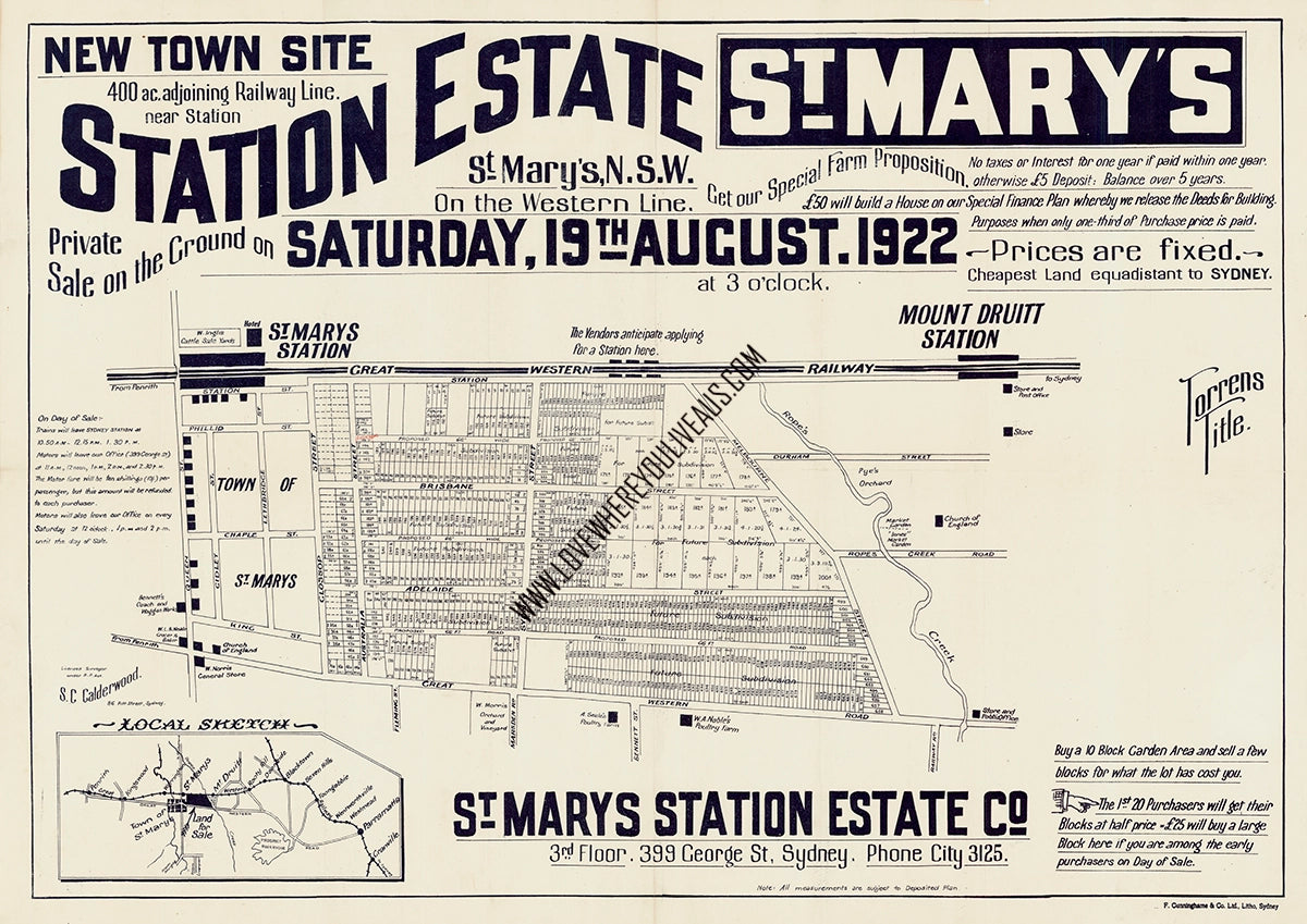 Vintage Real Estate Poster New Town Sites Station Estate St Marys NSW