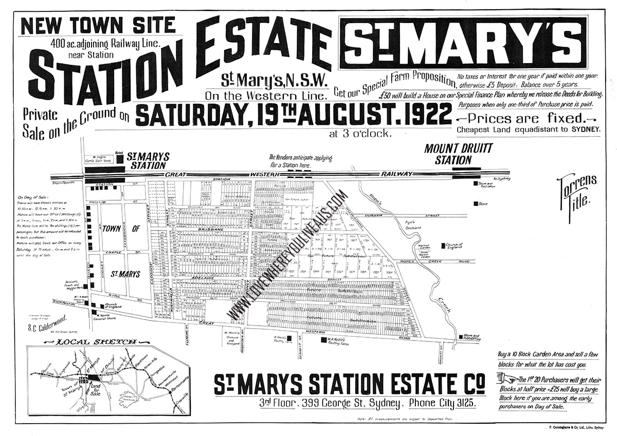 Vintage Real Estate Poster New Town Sites Station Estate St Marys NSW